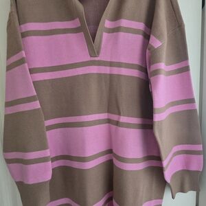 Maeve Pink and Brown Striped V-Neck Sweater